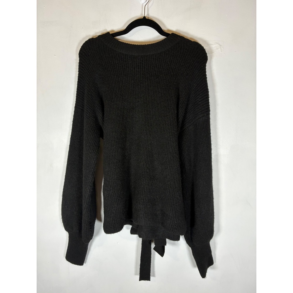 VICI Large Black Open Back Tie Sweater Balloon Sleeve Ribbed Knit